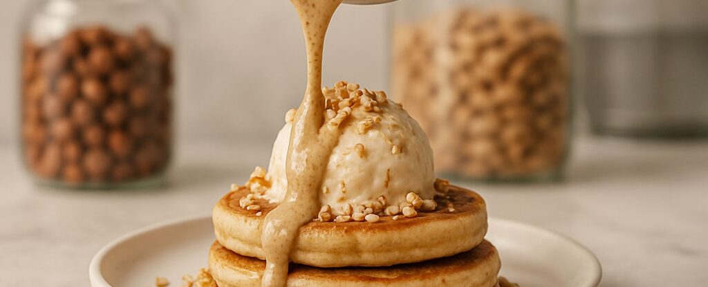 A beautifully styled bowl filled with a nut-based dessert topping. The topping is being poured over an ice cream.